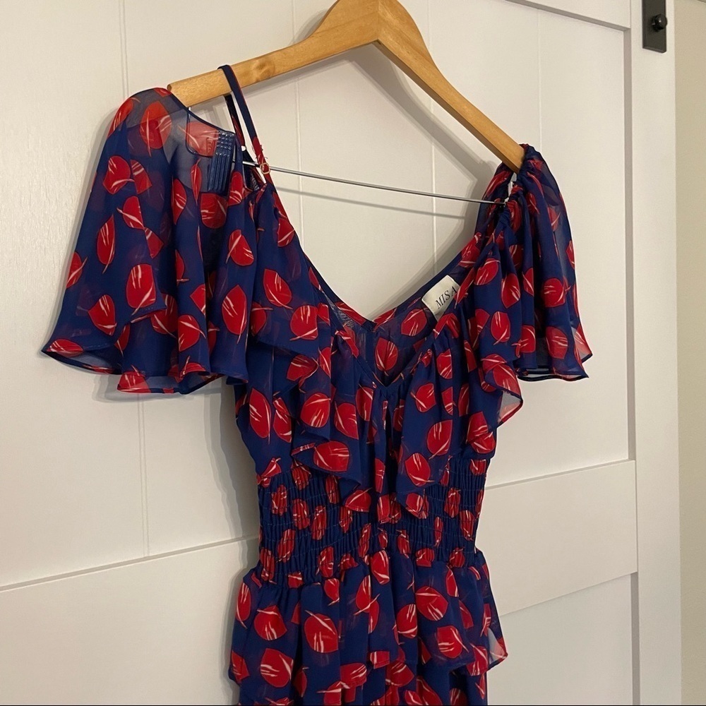 NWT MISA LOS ANGELES Blue Leaf Print Layered Tiered Ruffle Asymmetrical Dress - Picture 7 of 10